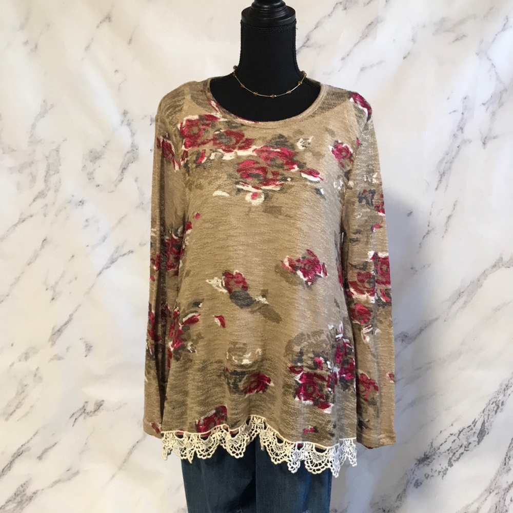 Lightweight Floral Sweater with Lace Trim